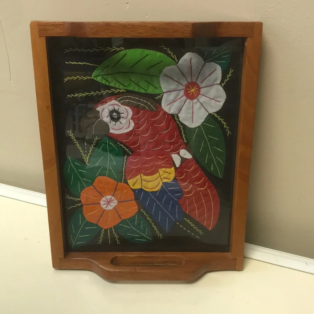 Vintage Wooden Tray w/ Mola Folk Art Parrot & Flowers Fabric Under Glass Surface
